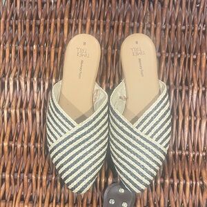 Time and Tru Black and Natural Striped Slip-On Mules